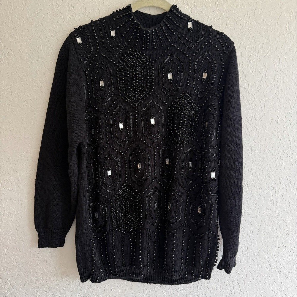 Vtg Womens Sweater XL Black Beaded Rhinestone Mock Neck Cotton Ramie Party 80s